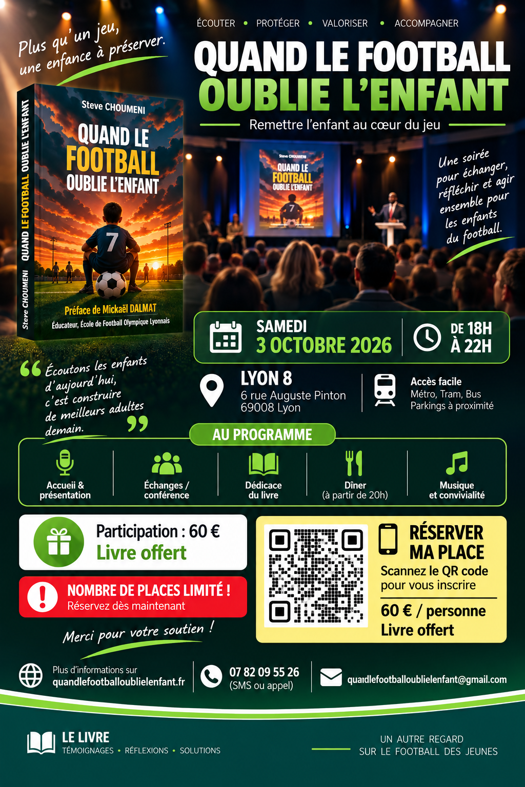 Affiche officielle de la soirée « Quand le Football oublie l'Enfant » — samedi 3 octobre 2026, Lyon 8, 18h à 22h.
