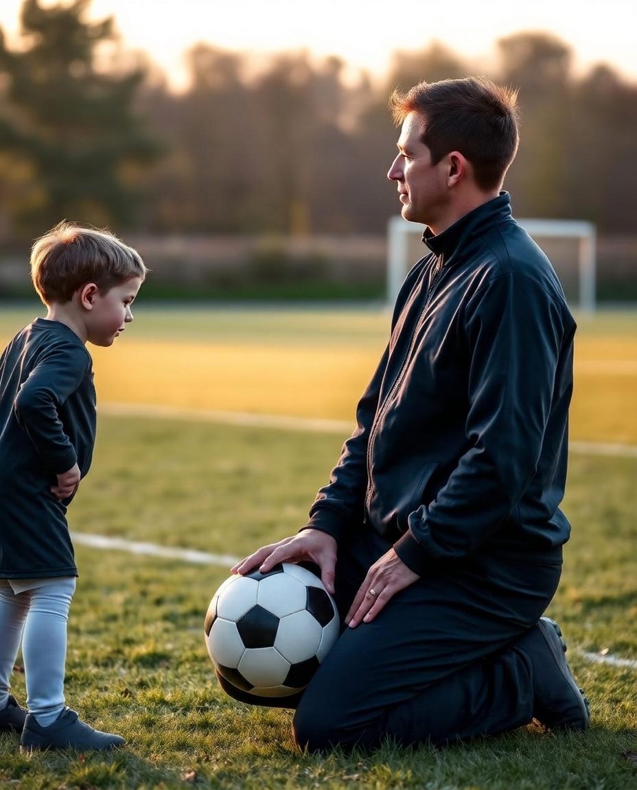 Sur un terrain de football amateur en herbe, un adulte accroupi à hauteur d'enfant écoute avec attention un jeune joueur d'environ dix ans, ballon posé à côté d'eux, dans une lumière naturelle et chaleureuse de fin de journée.