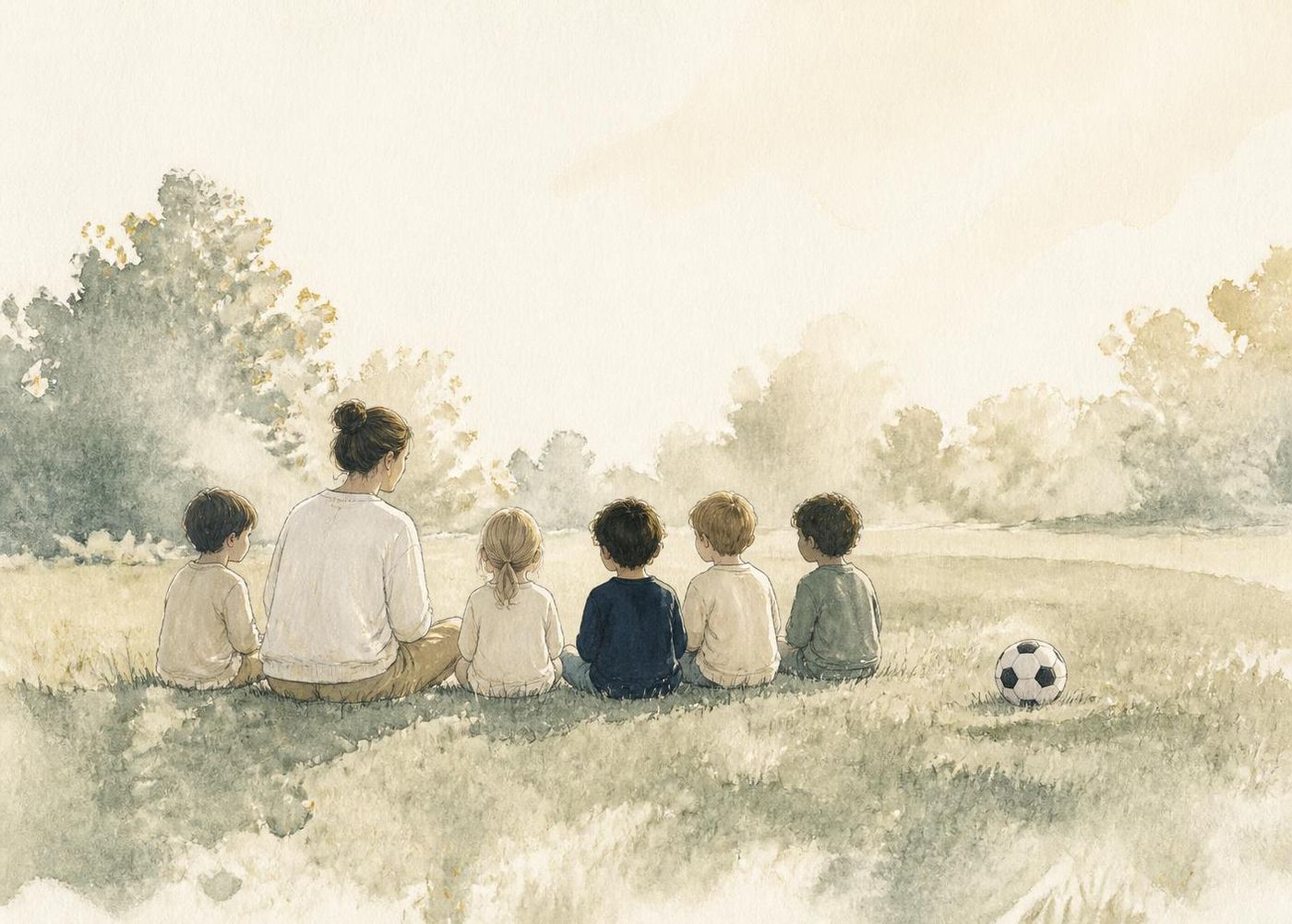 Une équipe de jeunes footballeurs vue de dos face au coucher de soleil